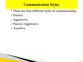 4 - 131
 There are four different styles of communicating:
1. Passive
2. Aggressive
3. Passive-Aggressive
4. Assertive
Communication Styles
1
 