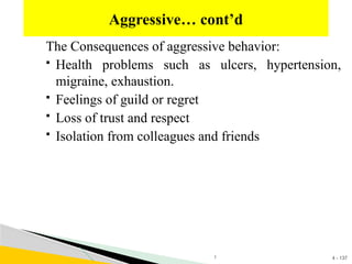 4 - 137
The Consequences of aggressive behavior:
 Health problems such as ulcers, hypertension,
migraine, exhaustion.
 Feelings of guild or regret
 Loss of trust and respect
 Isolation from colleagues and friends
Aggressive… cont’d
1
 