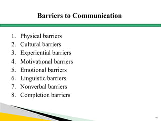 Barriers to Communication
1. Physical barriers
2. Cultural barriers
3. Experiential barriers
4. Motivational barriers
5. Emotional barriers
6. Linguistic barriers
7. Nonverbal barriers
8. Completion barriers
143
 