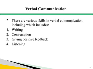 Verbal Communication
 There are various skills in verbal communication
including which includes:
1. Writing
2. Conversation
3. Giving positive feedback
4. Listening
147
 