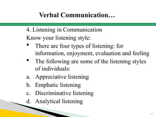 Verbal Communication…
4. Listening in Communication
Know your listening style:
 There are four types of listening: for
information, enjoyment, evaluation and feeling
 The following are some of the listening styles
of individuals:
a. Appreciative listening
b. Emphatic listening
c. Discriminative listening
d. Analytical listening
153
 