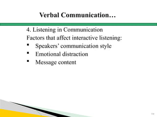 Verbal Communication…
4. Listening in Communication
Factors that affect interactive listening:
 Speakers’ communication style
 Emotional distraction
 Message content
154
 
