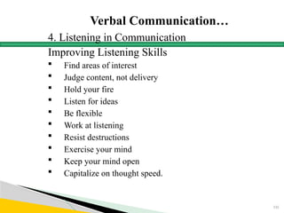 Verbal Communication…
4. Listening in Communication
Improving Listening Skills
 Find areas of interest
 Judge content, not delivery
 Hold your fire
 Listen for ideas
 Be flexible
 Work at listening
 Resist destructions
 Exercise your mind
 Keep your mind open
 Capitalize on thought speed.
155
 