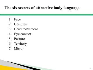 The six secrets of attractive body language
1. Face
2. Gestures
3. Head movement
4. Eye contact
5. Posture
6. Territory
7. Mirror
158
 