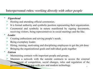 Interpersonal roles: working directly with other people
 Figurehead
 Hosting and attending official ceremonies.
 It is formal authority and symbolic position representing their organization.
 Ceremonial and symbolic in nature manifested by signing documents,
receiving visitors, being representatives in social meetings and the like.
 Leader
 Creating enthusiasm and serving people’s needs.
 Being exemplary leader.
 Hiring, training, motivating and disciplining employees to get the job done
 Bringing the organizational goals and individual goals together
 Liaison
 Maintaining contacts with important people and groups.
 Maintain a network with the outside contracts to access the external
environment of competition, social changes, rules and regulation of the
government and to pop with new and modern technology. 23
 