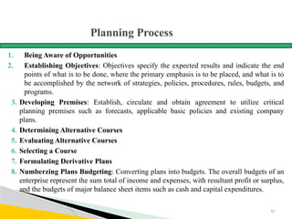 Planning Process
1. Being Aware of Opportunities
2. Establishing Objectives: Objectives specify the expected results and indicate the end
points of what is to be done, where the primary emphasis is to be placed, and what is to
be accomplished by the network of strategies, policies, procedures, rules, budgets, and
programs.
3. Developing Premises: Establish, circulate and obtain agreement to utilize critical
planning premises such as forecasts, applicable basic policies and existing company
plans.
4. Determining Alternative Courses
5. Evaluating Alternative Courses
6. Selecting a Course
7. Formulating Derivative Plans
8. Numberzing Plans Budgeting: Converting plans into budgets. The overall budgets of an
enterprise represent the sum total of income and expenses, with resultant profit or surplus,
and the budgets of major balance sheet items such as cash and capital expenditures.
53
 