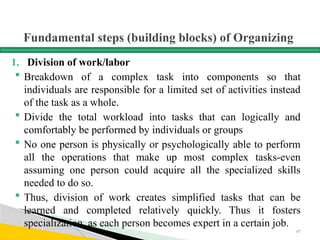 Fundamental steps (building blocks) of Organizing
1. Division of work/labor
 Breakdown of a complex task into components so that
individuals are responsible for a limited set of activities instead
of the task as a whole.
 Divide the total workload into tasks that can logically and
comfortably be performed by individuals or groups
 No one person is physically or psychologically able to perform
all the operations that make up most complex tasks-even
assuming one person could acquire all the specialized skills
needed to do so.
 Thus, division of work creates simplified tasks that can be
learned and completed relatively quickly. Thus it fosters
specialization, as each person becomes expert in a certain job.
67
 