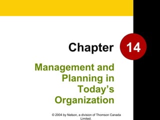 Management and Planning in Today’s Organization 14 Chapter © 2004 by Nelson, a division of Thomson Canada Limited. 