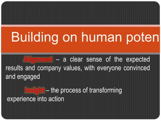 Building on human potential 
Alignment – a clear sense of the expected 
results and company values, with everyone convinced 
and engaged 
Insight – the process of transforming 
experience into action 
 