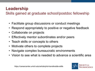 Leadership
Skills gained at graduate school/postdoc fellowship
• Facilitate group discussions or conduct meetings
• Respond appropriately to positive or negative feedback
• Collaborate on projects
• Effectively mentor subordinates and/or peers
• Teach skills or concepts to others
• Motivate others to complete projects
• Navigate complex bureaucratic environments
• Vision to see what is needed to advance a scientific area
https://careercenter.umich.edu/article/phd-transferable-skills
 