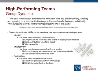 • “The best teams invest a tremendous amount of time and effort exploring, shaping
and agreeing on a purpose that belongs to them both collectively and individually.
This ‘purposing’ activity continues throughout the life of the team.”
The Discipline of Teams, Jon R. Katsenbach and Douglas K. Smith (Harvard Business Review, July-August, 2005)
• Group dynamics of HPTs centers on how teams communicate and operate:-
- Energy
 How team members contribute to the team
 Everyone on the team talks and listens in roughly equal measure
 Keep contributions “short and sweet”
 Take ownership
- Engagement
 How team members communicate with one another
 Connect directly with one another, not just the team leader
 Side-conversations within the team
- Exploration
 How team members educate each other
 Seek fresh perspectives from other groups
 Bring information back to the team
High-Performing Teams
Group Dynamics
 