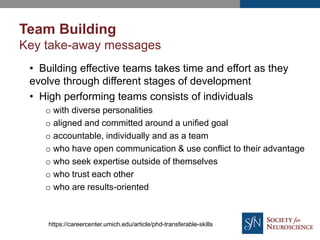 Team Building
Key take-away messages
• Building effective teams takes time and effort as they
evolve through different stages of development
• High performing teams consists of individuals
o with diverse personalities
o aligned and committed around a unified goal
o accountable, individually and as a team
o who have open communication & use conflict to their advantage
o who seek expertise outside of themselves
o who trust each other
o who are results-oriented
https://careercenter.umich.edu/article/phd-transferable-skills
 