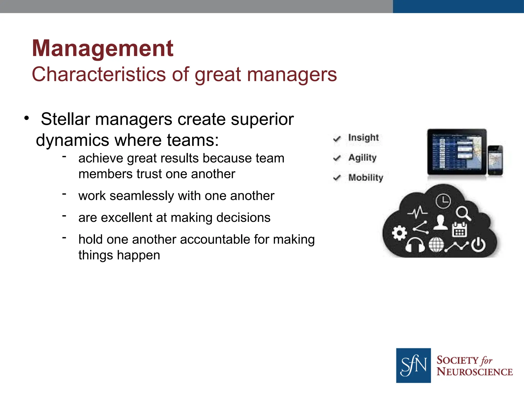 Management
Characteristics of great managers
• Stellar managers create superior
dynamics where teams:
- achieve great results because team
members trust one another
- work seamlessly with one another
- are excellent at making decisions
- hold one another accountable for making
things happen
 