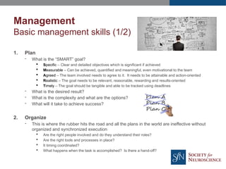 Management
Basic management skills (1/2)
1. Plan
- What is the “SMART” goal?
 Specific – Clear and detailed objectives which is significant if achieved
 Measurable – Can be achieved, quantified and meaningful, even motivational to the team
 Agreed – The team involved needs to agree to it. It needs to be attainable and action-oriented
 Realistic – The goal needs to be relevant, reasonable, rewarding and results-oriented
 Timely – The goal should be tangible and able to be tracked using deadlines
- What is the desired result?
- What is the complexity and what are the options?
- What will it take to achieve success?
2. Organize
- This is where the rubber hits the road and all the plans in the world are ineffective without
organized and synchronized execution
 Are the right people involved and do they understand their roles?
 Are the right tools and processes in place?
 It timing coordinated?
 What happens when the task is accomplished? Is there a hand-off?
 