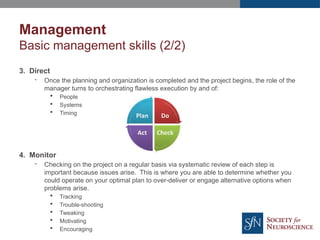 Management
Basic management skills (2/2)
3. Direct
- Once the planning and organization is completed and the project begins, the role of the
manager turns to orchestrating flawless execution by and of:
 People
 Systems
 Timing
4. Monitor
- Checking on the project on a regular basis via systematic review of each step is
important because issues arise. This is where you are able to determine whether you
could operate on your optimal plan to over-deliver or engage alternative options when
problems arise.
 Tracking
 Trouble-shooting
 Tweaking
 Motivating
 Encouraging
 
