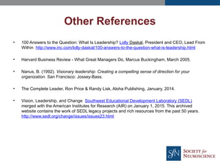 • 100 Answers to the Question: What Is Leadership? Lolly Daskal, President and CEO, Lead From
Within http://www.inc.com/lolly-daskal/100-answers-to-the-question-what-is-leadership.html
• Harvard Business Review - What Great Managers Do, Marcus Buckingham, March 2005.
• Nanus, B. (1992). Visionary leadership: Creating a compelling sense of direction for your
organization. San Francisco: Jossey-Bass.
• The Complete Leader, Ron Price & Randy Lisk, Aloha Publishing, January, 2014.
• Vision, Leadership, and Change Southwest Educational Development Laboratory (SEDL)
merged with the American Institutes for Research (AIR) on January 1, 2015. This archived
website contains the work of SEDL legacy projects and rich resources from the past 50 years.
http://www.sedl.org/change/issues/issues23.html
Other References
 