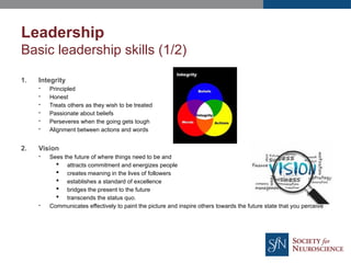 Leadership
Basic leadership skills (1/2)
1. Integrity
- Principled
- Honest
- Treats others as they wish to be treated
- Passionate about beliefs
- Perseveres when the going gets tough
- Alignment between actions and words
2. Vision
- Sees the future of where things need to be and
 attracts commitment and energizes people
 creates meaning in the lives of followers
 establishes a standard of excellence
 bridges the present to the future
 transcends the status quo.
- Communicates effectively to paint the picture and inspire others towards the future state that you perceive
 