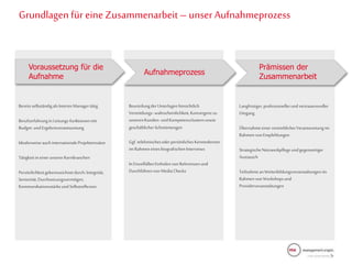Grundlagen für eine Zusammenarbeit– unser Aufnahmeprozess
BereitsselbständigalsInterim Managertätig
Berufserfahrungin Leitungs-funktionenmit
Budget-undErgebnisverantwortung
IdealerweiseauchinternationaleProjekteinsätze
Tätigkeitin einerunsererKernbranchen
Persönlichkeitgekennzeichnetdurch:Integrität,
Seniorität,Durchsetzungsvermögen,
KommunikationsstärkeundSelbstreflexion
BeurteilungderUnterlagenhinsichtlich
Vermittlungs-wahrscheinlichkeit,Konvergenzzu
unserenKunden-undKompetenzclusternsowie
geschäftlicherSchnittmengen
Ggf. telefonischesoderpersönlichesKennenlernen
im RahmeneinesbiografischenInterviews
InEinzelfällenEinholenvonReferenzenund
Durchführenvon MediaChecks
Langfristiger,professionellerundvertrauensvoller
Umgang
ÜbernahmeeinervertrieblicherVerantwortungim
RahmenvonEmpfehlungen
StrategischeNetzwerkpflegeundgegenseitiger
Austausch
TeilnahmeanWeiterbildungsveranstaltungenim
RahmenvonWorkshopsund
Providerveranstaltungen
Voraussetzung für die
Aufnahme
Aufnahmeprozess
Prämissen der
Zusammenarbeit
 