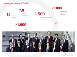 Management Angels GmbH
15 Jahreerfolgreich
am Markt
20Mitarbeiteran dreiStandorten>1.000erfolgreichbesetzteInterim
Mandate
1.500persönlichbekannteInterim
Managerim Kern-Pool
>7.000
hochqualifizierte
Führungskräftein der
Datenbank
7,8Mio.EUR
Umsatz(2014)
 