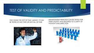 TEST OF VALIDITY AND PREDICTABILITY 
THEY STAND THE TEST OF TIME –MEANS IT CAN 
BE TESTED AT ANY TIME OR ANY No. OF TIME 
MANAGEMENT PRINCIPLE CAN BE TESTED FOR 
THEIR VALIDITY WITH REGARDS TO CLARITY OF 
THOUGHT AND DIRECTION 
 