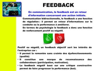 PRATIQUESPRATIQUES
BONNESBONNES
FEEDBACK
Positif ou négatif, un feedback objectif sert les intérêts de
l'entreprise car :
●
Il permet la remontée sans crainte des dysfonctionnements
(qualité)
●
Il constitue une marque de reconnaissance des
collaborateurs (participation, motivation).
●
Le feedback négatif basé sur une critique constructive
permet de faire progresser la performance (but).
En communication, le feedback est un retour
d'information concernant une action initiale.
Communication bidirectionnelle, le feedback a une fonction
de régulation : il permet un retour d'informations sur la
conduite ou la performance à améliorer.
En termes de psychologie le feedback a donc une fonction
de renforcement positif ou négatif.
 