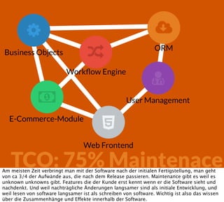 





Workﬂow Engine
ORM
User Management
Business Objects
E-Commerce-Module
TCO: 75% Maintenace
Web Frontend
Am meisten Zeit verbringt man mit der Software nach der initialen Fertigstellung, man geht
von ca 3/4 der Aufwände aus, die nach dem Release passieren. Maintenance gibt es weil es
unknown unknowns gibt. Features die der Kunde erst kennt wenn er die Software sieht und
nachdenkt. Und weil nachträgliche Änderungen langsamer sind als initiale Entwicklung, und
weil lesen von software langsamer ist als schreiben von software. Wichtig ist also das wissen
über die Zusammenhänge und Effekte innerhalb der Software.
 