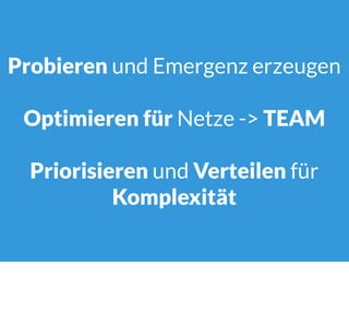 Probieren und Emergenz erzeugen
Optimieren für Netze -> TEAM
Priorisieren und Verteilen für
Komplexität
 