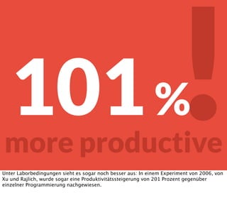 !101%
more productive
Unter Laborbedingungen sieht es sogar noch besser aus: In einem Experiment von 2006, von
Xu und Rajlich, wurde sogar eine Produktivitätssteigerung von 201 Prozent gegenüber
einzelner Programmierung nachgewiesen.
 