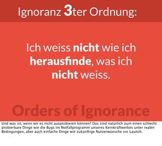 Orders of Ignorance
Ignoranz 3ter Ordnung:
Ich weiss nicht wie ich
herausﬁnde, was ich
nicht weiss.
Und was ist, wenn wir es nicht ausprobieren können? Das sind natürlich zum einen schlecht
probierbare Dinge wie die Bugs im Notfallprogramm unseres Kernkraftwerkes unter realen
Bedingungen, aber auch einfache Dinge wie zukünftige Nutzerwünsche vor Launch.
 