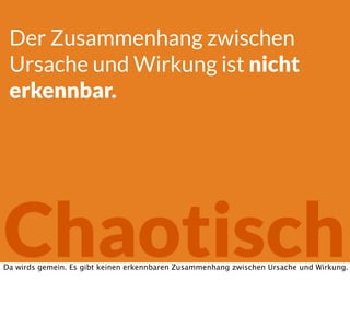 Chaotisch
Der Zusammenhang zwischen
Ursache und Wirkung ist nicht
erkennbar.
Da wirds gemein. Es gibt keinen erkennbaren Zusammenhang zwischen Ursache und Wirkung.
 