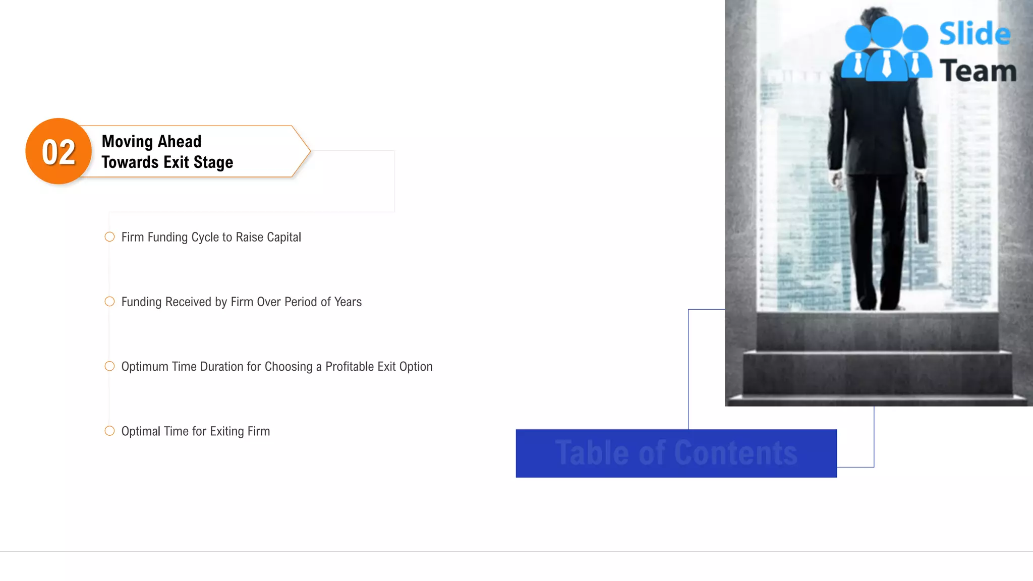Moving Ahead
Towards Exit Stage
02
Firm Funding Cycle to Raise Capital
Funding Received by Firm Over Period of Years
Optimum Time Duration for Choosing a Profitable Exit Option
Optimal Time for Exiting Firm
14
 