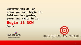 Whatever you do, or
dream you can, begin it.
Boldness has genius,
power and magic in it.
Begin it NOW
Goethe
management by dreams
14
www.synergians.com
 