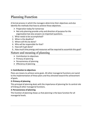 Planning function, nature and meaning of planning and types of planning ...