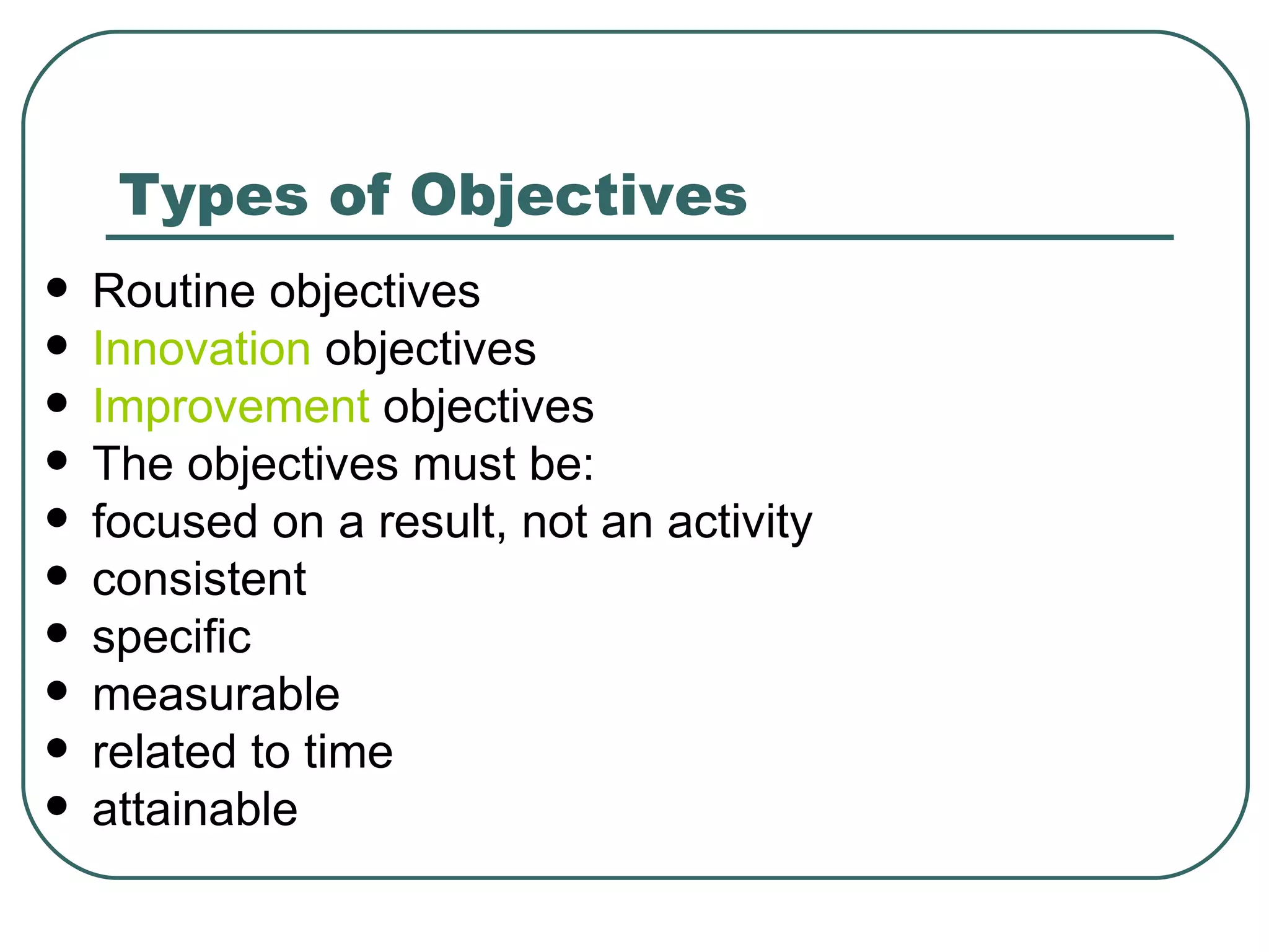 Types of Objectives Routine objectives  Innovation  objectives  Improvement  objectives  The objectives must be: focused on a result, not an activity  consistent  specific  measurable  related to time  attainable  