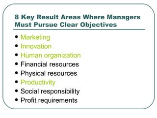 8 Key Result Areas Where Managers Must Pursue Clear Objectives Marketing   Innovation   Human organization   Financial resources  Physical resources  Productivity   Social responsibility  Profit requirements  