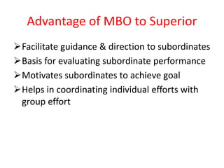Advantage of MBO to Superior
Facilitate guidance & direction to subordinates
Basis for evaluating subordinate performance
Motivates subordinates to achieve goal
Helps in coordinating individual efforts with
group effort
 