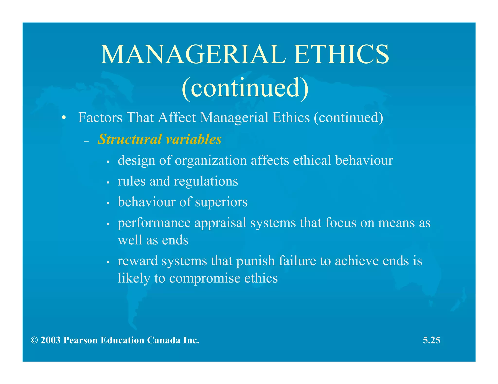 © 2003 Pearson Education Canada Inc.
MANAGERIAL ETHICS
(continued)
• Factors That Affect Managerial Ethics (continued)
– Structural variables
• design of organization affects ethical behaviour
• rules and regulations
• behaviour of superiors
• performance appraisal systems that focus on means as
well as ends
• reward systems that punish failure to achieve ends is
likely to compromise ethics
5.25
 