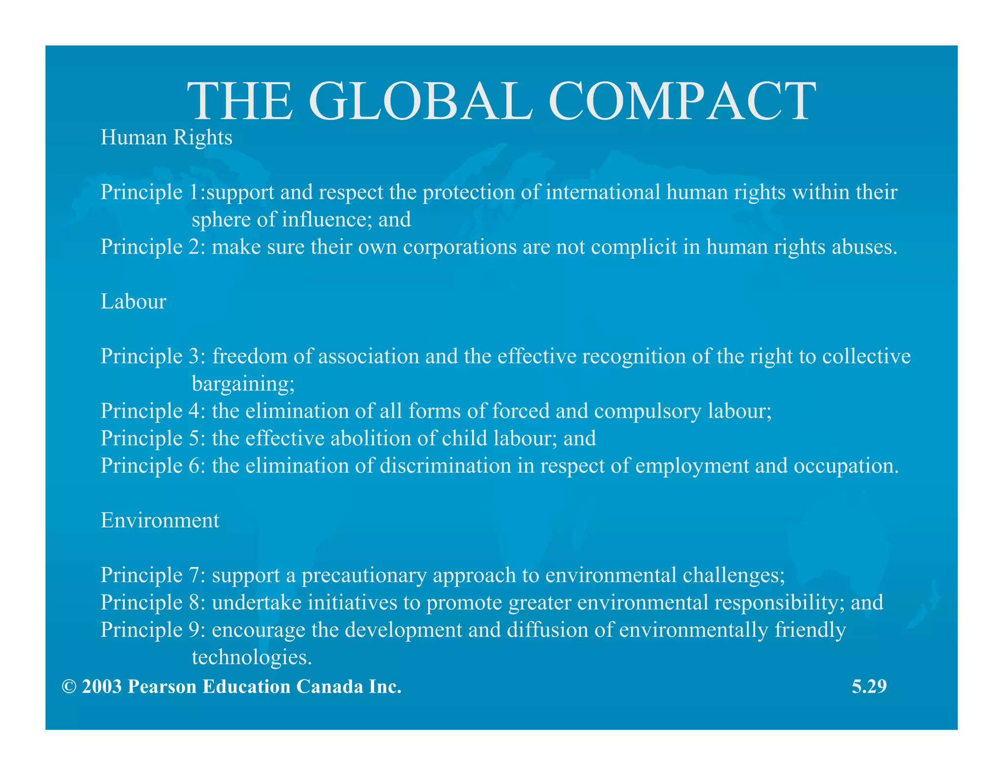 © 2003 Pearson Education Canada Inc.
THE GLOBAL COMPACTHuman Rights
Principle 1:support and respect the protection of international human rights within their
sphere of influence; and
Principle 2: make sure their own corporations are not complicit in human rights abuses.
Labour
Principle 3: freedom of association and the effective recognition of the right to collective
bargaining;
Principle 4: the elimination of all forms of forced and compulsory labour;
Principle 5: the effective abolition of child labour; and
Principle 6: the elimination of discrimination in respect of employment and occupation.
Environment
Principle 7: support a precautionary approach to environmental challenges;
Principle 8: undertake initiatives to promote greater environmental responsibility; and
Principle 9: encourage the development and diffusion of environmentally friendly
technologies.
5.29
 