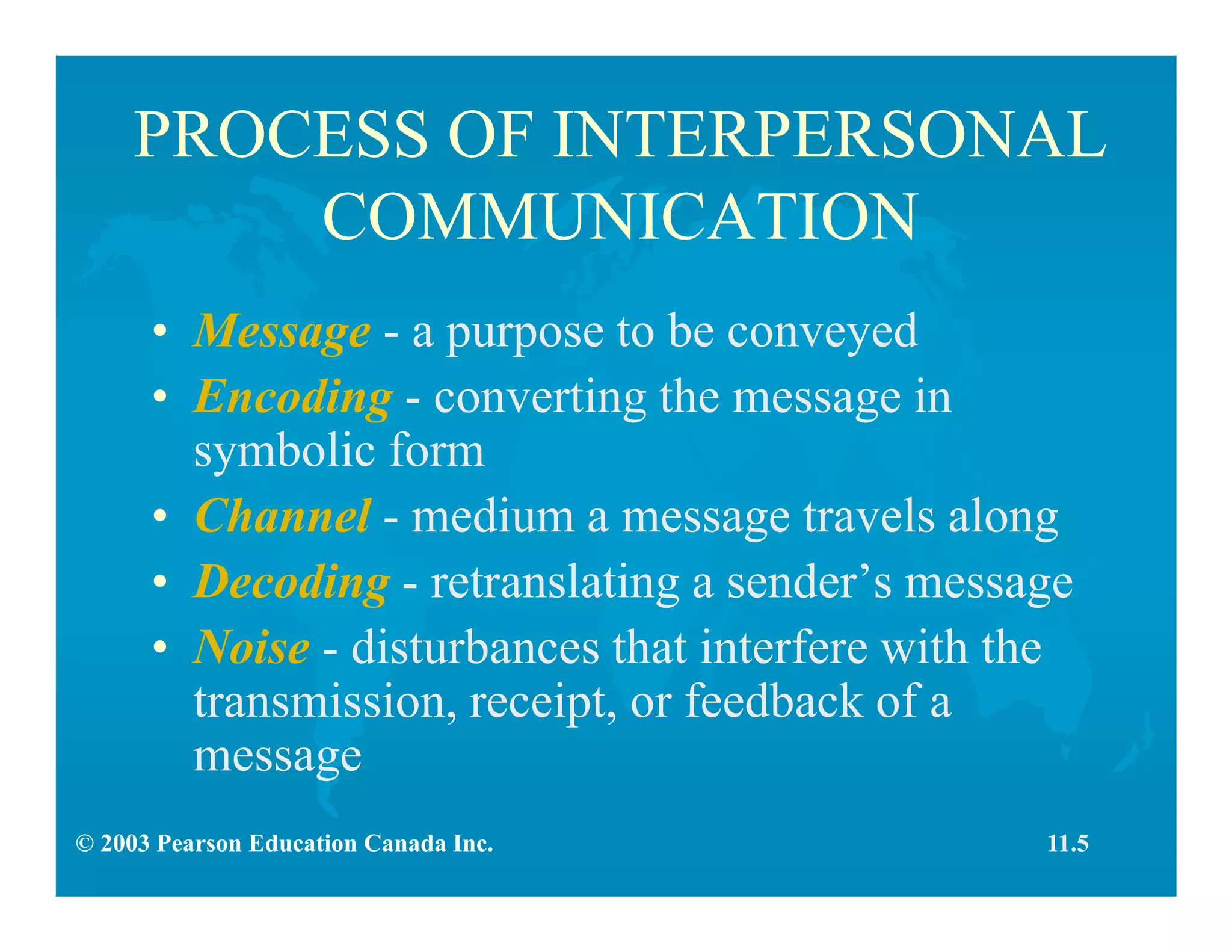 © 2003 Pearson Education Canada Inc.
PROCESS OF INTERPERSONAL
COMMUNICATION
• Message - a purpose to be conveyed
• Encoding - converting the message in
symbolic form
• Channel - medium a message travels along
• Decoding - retranslating a sender’s message
• Noise - disturbances that interfere with the
transmission, receipt, or feedback of a
message
11.5
 