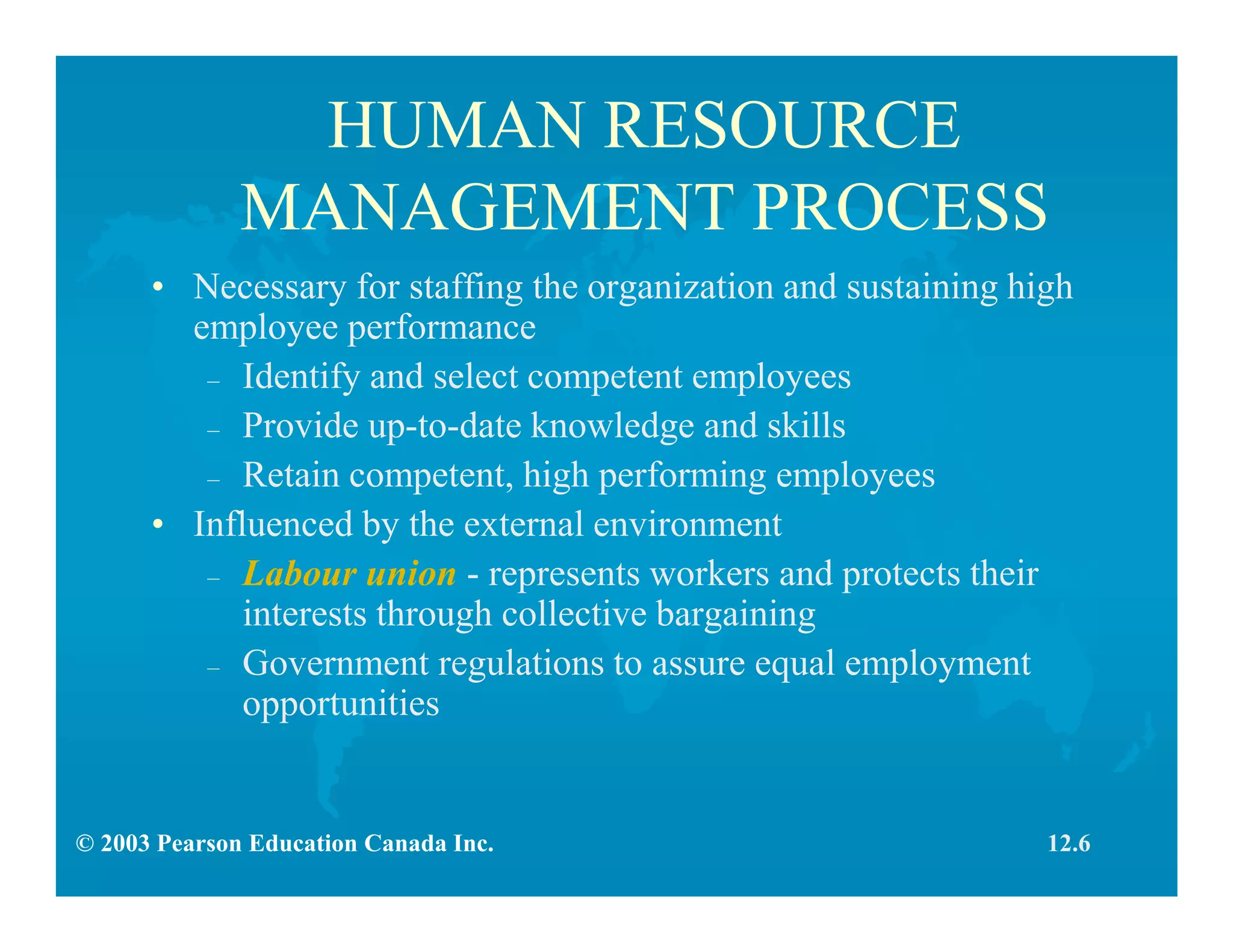 © 2003 Pearson Education Canada Inc.
HUMAN RESOURCE
MANAGEMENT PROCESS
• Necessary for staffing the organization and sustaining high
employee performance
– Identify and select competent employees
– Provide up-to-date knowledge and skills
– Retain competent, high performing employees
• Influenced by the external environment
– Labour union - represents workers and protects their
interests through collective bargaining
– Government regulations to assure equal employment
opportunities
12.6
 