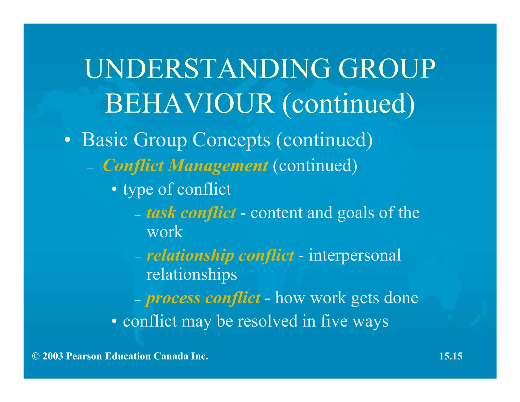 © 2003 Pearson Education Canada Inc.
UNDERSTANDING GROUP
BEHAVIOUR (continued)
• Basic Group Concepts (continued)
– Conflict Management (continued)
• type of conflict
– task conflict - content and goals of the
work
– relationship conflict - interpersonal
relationships
– process conflict - how work gets done
• conflict may be resolved in five ways
15.15
 