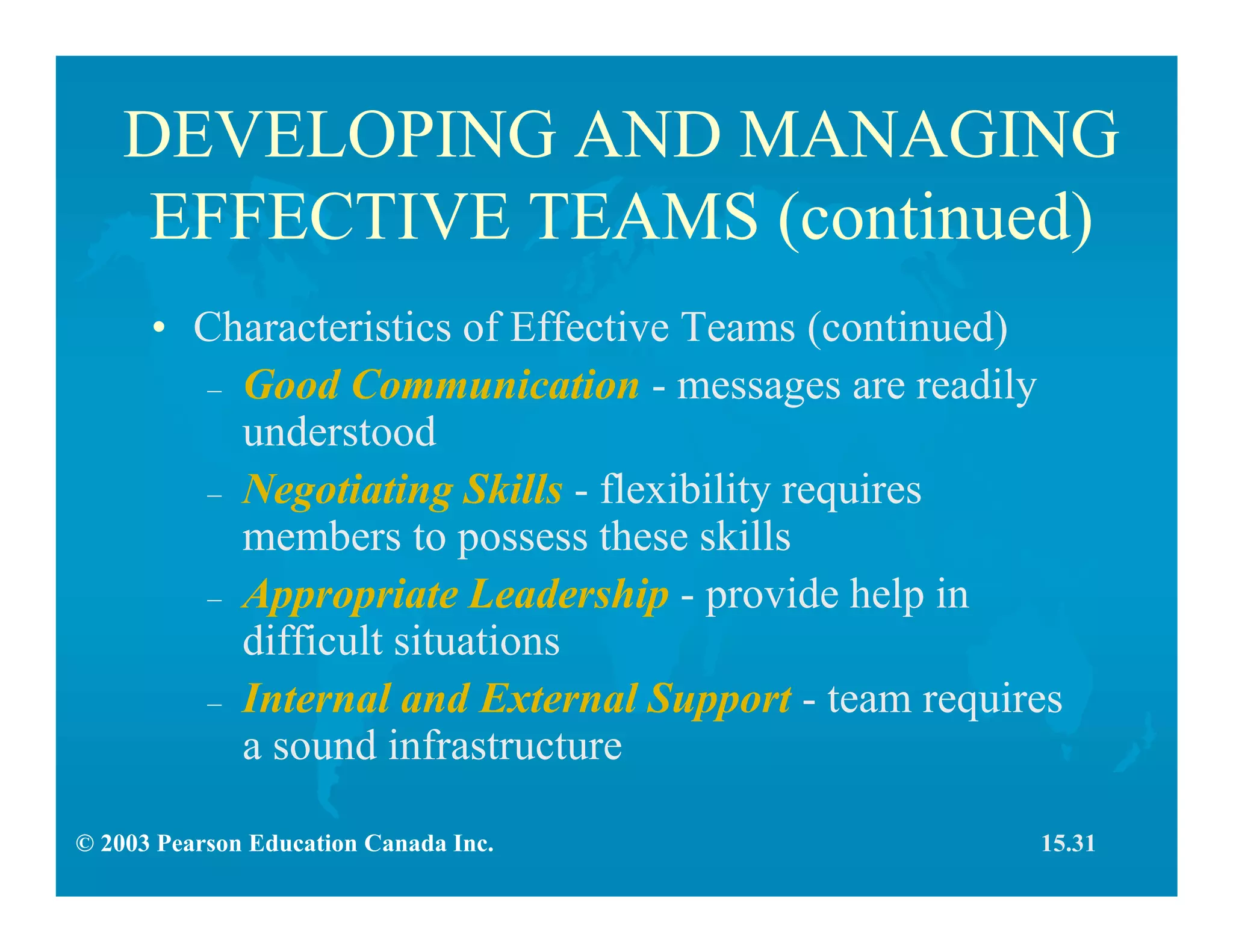 © 2003 Pearson Education Canada Inc.
DEVELOPING AND MANAGING
EFFECTIVE TEAMS (continued)
• Characteristics of Effective Teams (continued)
– Good Communication - messages are readily
understood
– Negotiating Skills - flexibility requires
members to possess these skills
– Appropriate Leadership - provide help in
difficult situations
– Internal and External Support - team requires
a sound infrastructure
15.31
 
