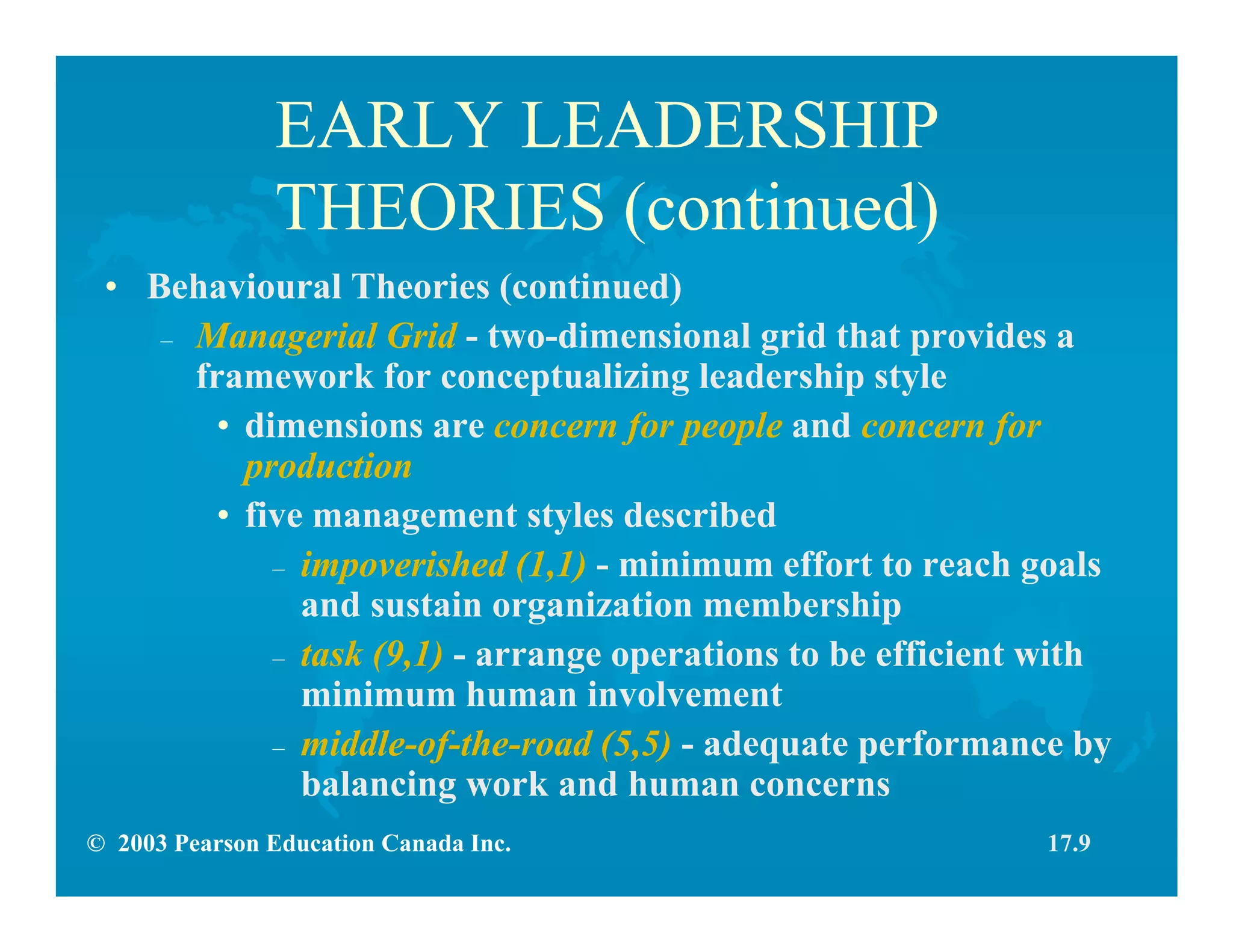 © 2003 Pearson Education Canada Inc.
EARLY LEADERSHIP
THEORIES (continued)
• Behavioural Theories (continued)
– Managerial Grid - two-dimensional grid that provides a
framework for conceptualizing leadership style
• dimensions are concern for people and concern for
production
• five management styles described
– impoverished (1,1) - minimum effort to reach goals
and sustain organization membership
– task (9,1) - arrange operations to be efficient with
minimum human involvement
– middle-of-the-road (5,5) - adequate performance by
balancing work and human concerns
17.9
 