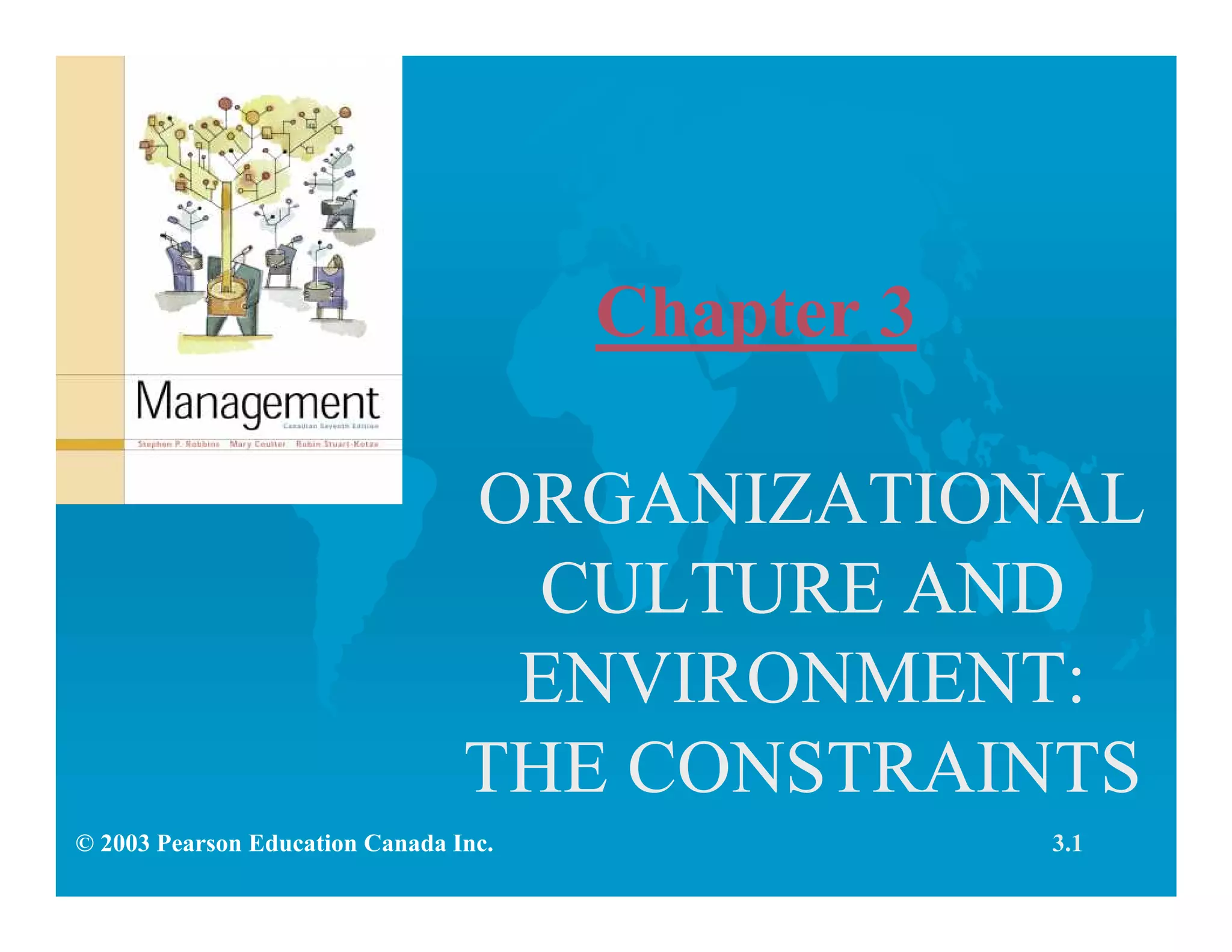 Chapter 3
ORGANIZATIONAL
CULTURE AND
ENVIRONMENT:
THE CONSTRAINTS
© 2003 Pearson Education Canada Inc. 3.1
 