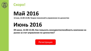 Скоро!
Май 2016
12 мая, 12.00-13.00, Теория поколений в управлении по ценностям
Июнь 2016
09 июня, 12.00-13.00, Как повысить конкурентоспособность компании на
рынке за счет управления по ценностям?
Регистрация
 