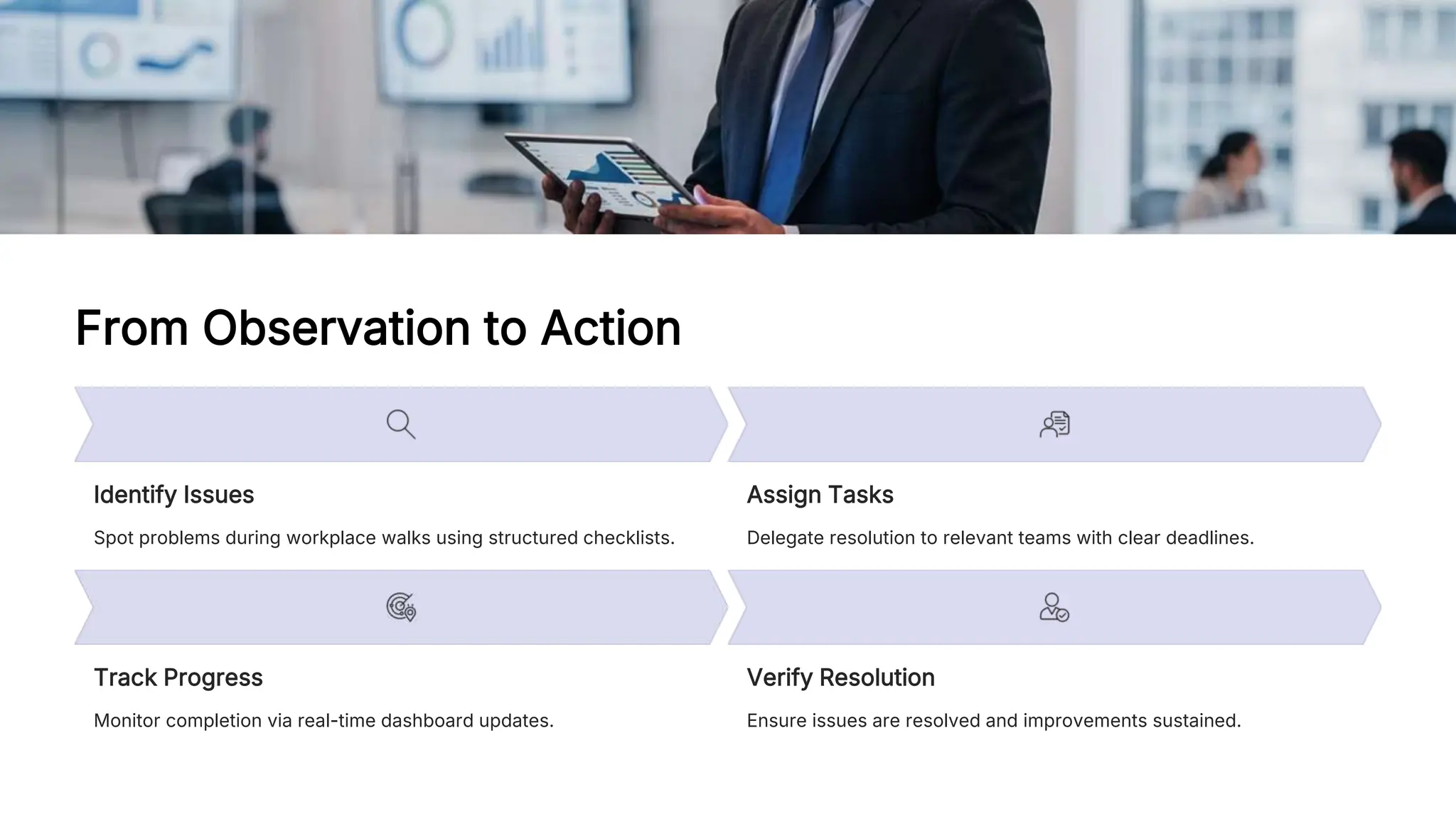 From Observation to Action
Identify Issues
Spot problems during workplace walks using structured checklists.
Assign Tasks
Delegate resolution to relevant teams with clear deadlines.
Track Progress
Monitor completion via real-time dashboard updates.
Verify Resolution
Ensure issues are resolved and improvements sustained.
 