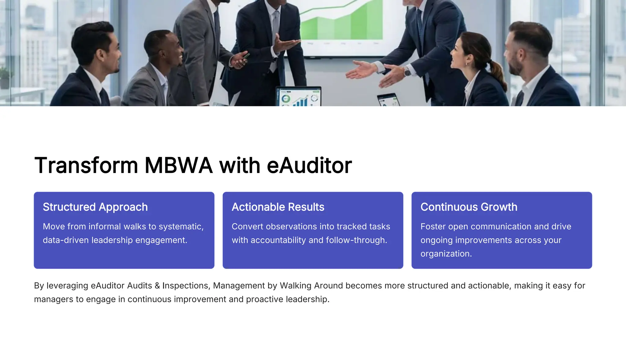 Transform MBWA with eAuditor
Structured Approach
Move from informal walks to systematic,
data-driven leadership engagement.
Actionable Results
Convert observations into tracked tasks
with accountability and follow-through.
Continuous Growth
Foster open communication and drive
ongoing improvements across your
organization.
By leveraging eAuditor Audits & Inspections, Management by Walking Around becomes more structured and actionable, making it easy for
managers to engage in continuous improvement and proactive leadership.
 