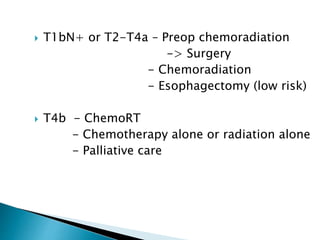  T1bN+ or T2-T4a – Preop chemoradiation
-> Surgery
- Chemoradiation
- Esophagectomy (low risk)
 T4b - ChemoRT
- Chemotherapy alone or radiation alone
- Palliative care
 
