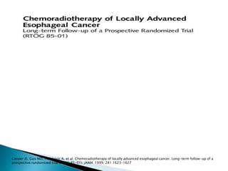 Cooper JS, Guo MD, Herskovic A, et al: Chemoradiotherapy of locally advanced esophageal cancer. Long-term follow-up of a
prospective randomized trial (RTOG 85-01). JAMA 1999; 281:1623-1627
 