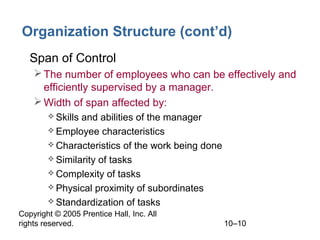 Organization Structure (cont’d)
• Span of Control
 The number of employees who can be effectively and
efficiently supervised by a manager.
 Width of span affected by:
 Skills

and abilities of the manager
 Employee characteristics
 Characteristics of the work being done
 Similarity of tasks
 Complexity of tasks
 Physical proximity of subordinates
 Standardization of tasks
Copyright © 2005 Prentice Hall, Inc. All
rights reserved.

10–10

 
